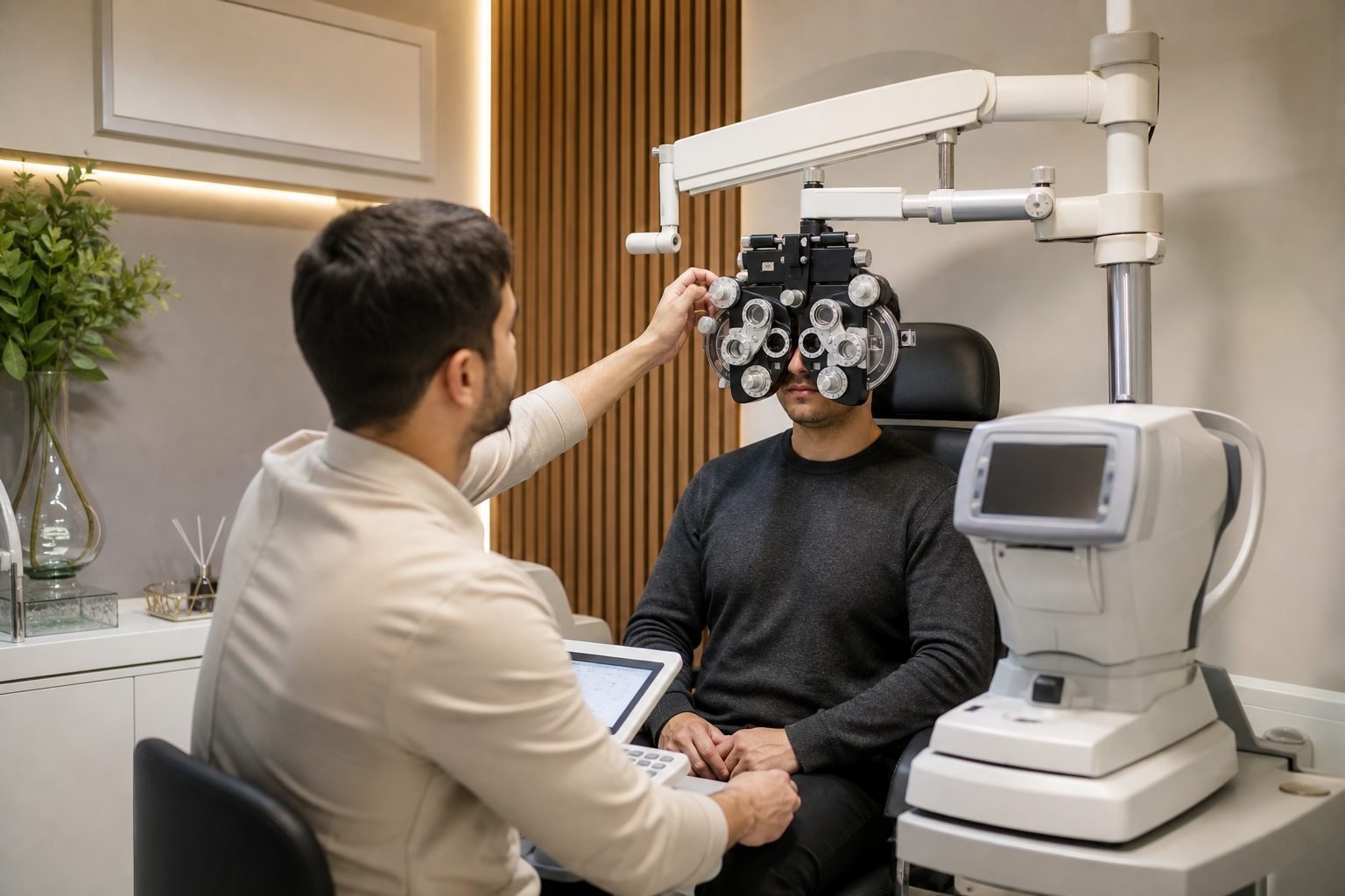 Exame de refração com optometrista e equipamentos modernos